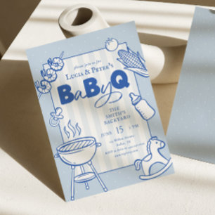 Blue Polkadot BBQ Couples Baby-Q Baby Shower Invitation