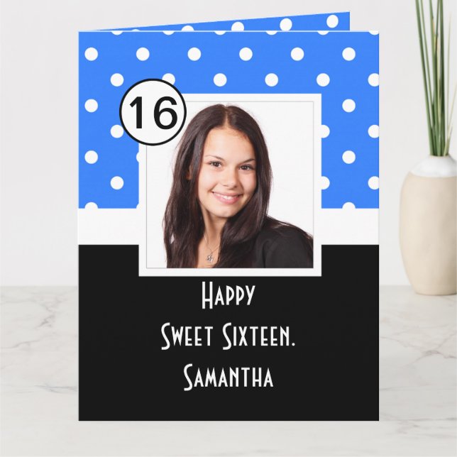 Blue polkadot sweet sixteen thank you card (Front)