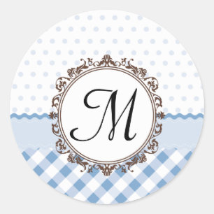 Blue Polkadots, Checks and Stripes with Monogram Classic Round Sticker
