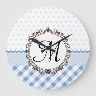 Blue Polkadots, Checks and Stripes with Monogram Large Clock