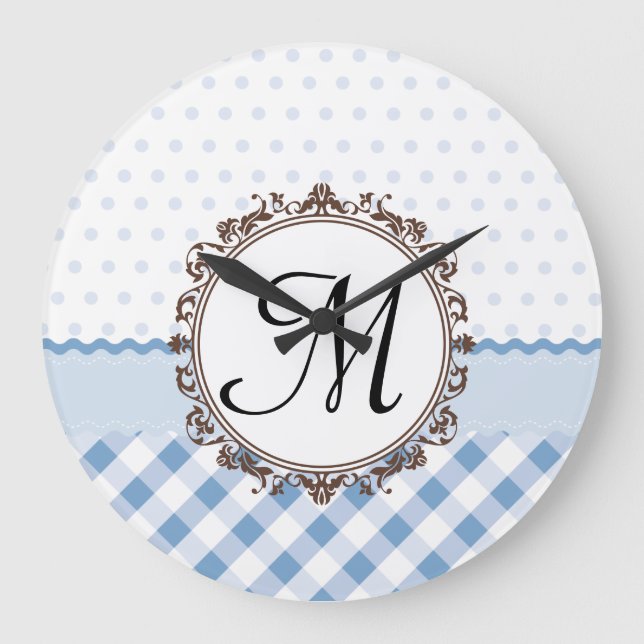 Blue Polkadots, Checks and Stripes with Monogram Large Clock (Front)