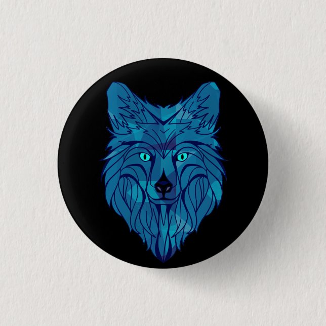 Blue Poly Wolf Head 1 Inch Round Button (Front)