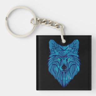 Blue Poly Wolf Head Keychain