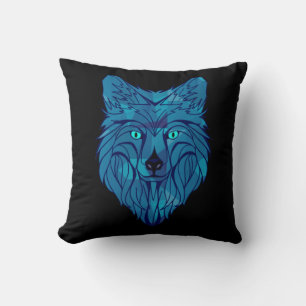 Blue Poly Wolf Head Throw Pillow