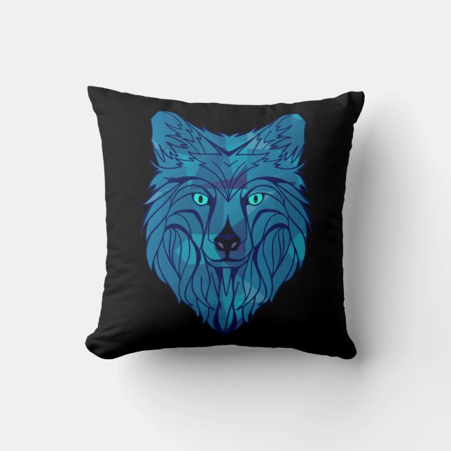 Blue Poly Wolf Head Throw Pillow (Front)