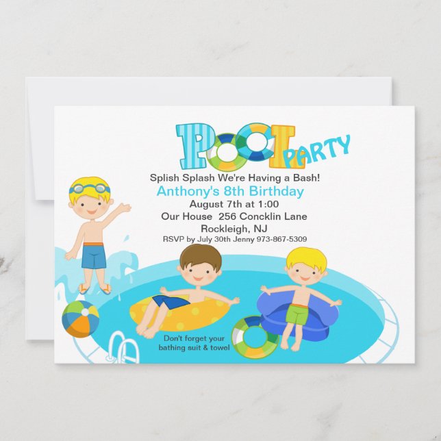 Blue Pool Party All Boys Birthday Invitation (Front)