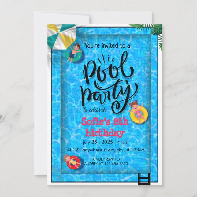  Blue Pool Party Birthday  Invitation (Front)