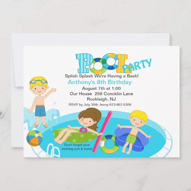 Blue Pool Party  Birthday Invitation (Front)