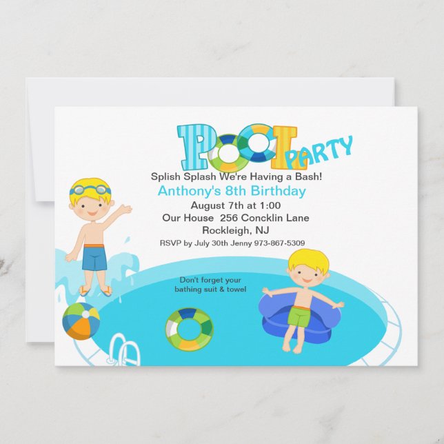 Blue Pool Party Boys Birthday Invitation (Front)