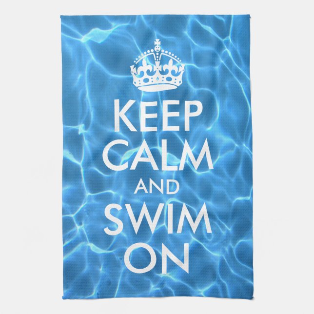 Blue Pool Water Keep Calm and Swim On Kitchen Towel (Vertical)