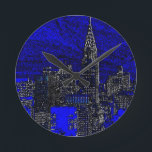 Blue Pop Art New York City Round Clock<br><div class="desc">Pop Art Style Manhattan New York City Artwork</div>