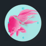 Blue Pop Art Pink Goldfish Modern Round Clock<br><div class="desc">A pink goldfish on a block of blue solid colour. 
A large image of a fish to colour your walls or as a unique wall clock.</div>