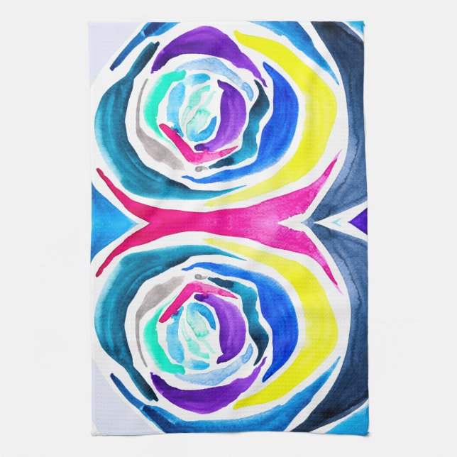 Blue pop art rose watercolor kitchen towel (Vertical)