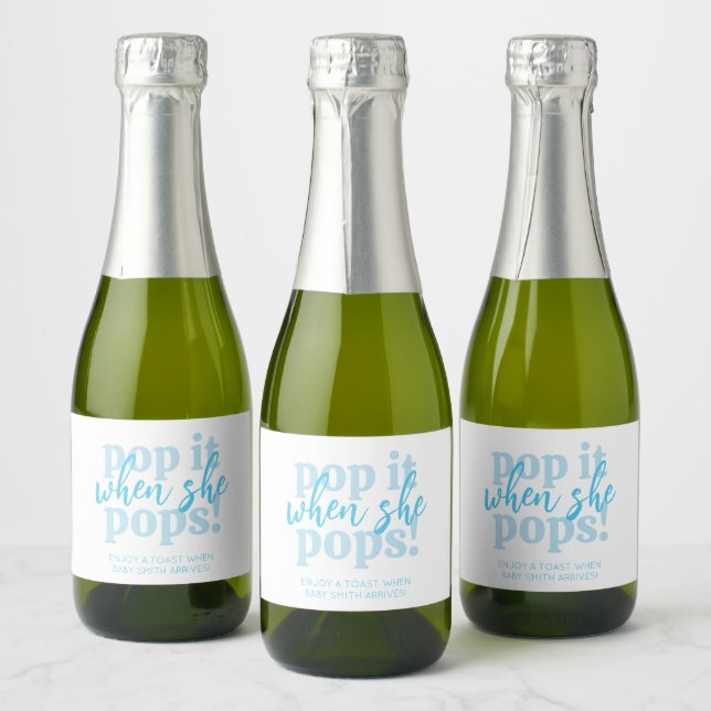 Blue Pop It When She Pops Baby Shower Favour Sparkling Wine Label (Bottles)