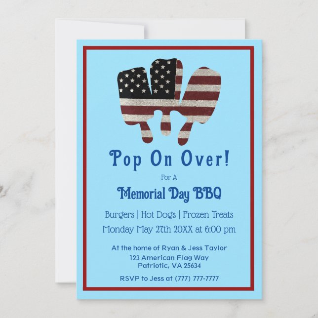 Blue Pop On Over Memorial Day Patriotic Popsicle Invitation (Front)