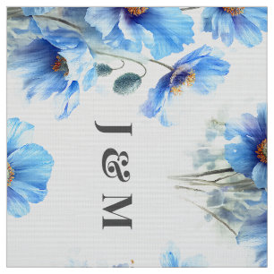 Blue Poppies Floral Wedding Fabric with Monogram