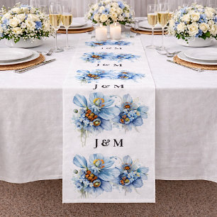 Blue Poppies Floral Wedding Fabric with Monogram