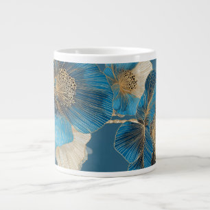 Blue Poppy Botanical Gold Line Art Floral Large Coffee Mug