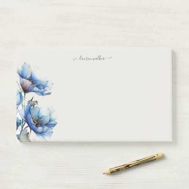 Blue Poppy Floral Monogram Post-it Notes (On Desk)