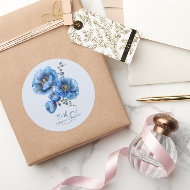 Blue Poppy  Floral Wedding Thank You  Classic Round Sticker (Gifting)