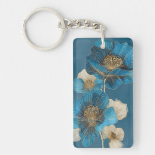 Blue Poppy Gold Line Art Botanical Floral Keychain