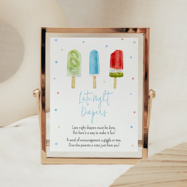 Blue Popsicle Baby Shower Late Night Diapers Poster (Ready to Pop Baby Shower Late Night Diapers Sign)