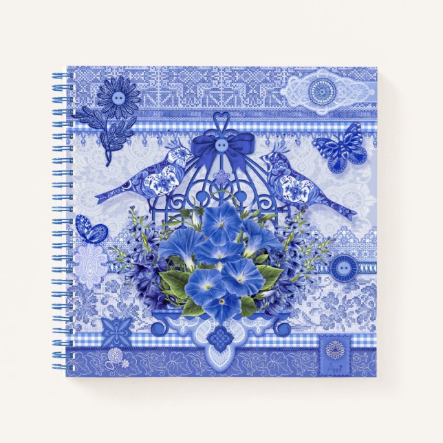 Blue Porcelain Birds and Birdcage Notebook (Front)