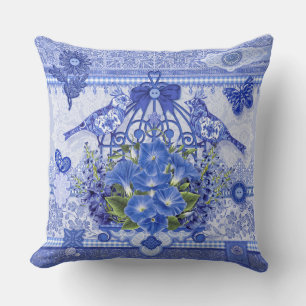 Blue Porcelain Birds and Birdcage Throw Pillow