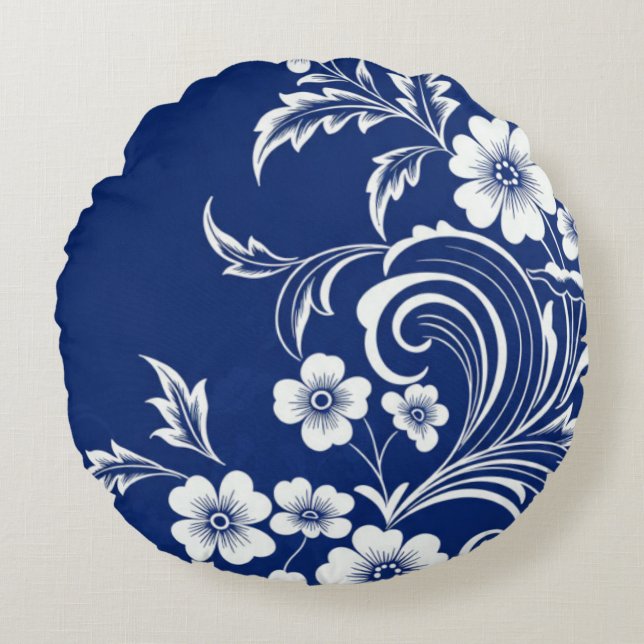 Blue Porcelain Bloom Round Pillow (Front)