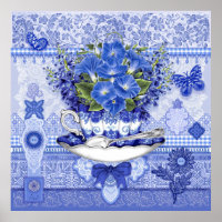 Blue Porcelain Cup and Flowers Poster
