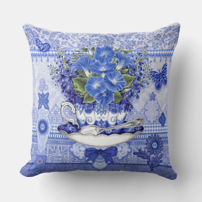 Blue Porcelain Cup and Flowers Throw Pillow (Front)