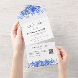 Blue Porcelain Floral All in One Wedding Invite