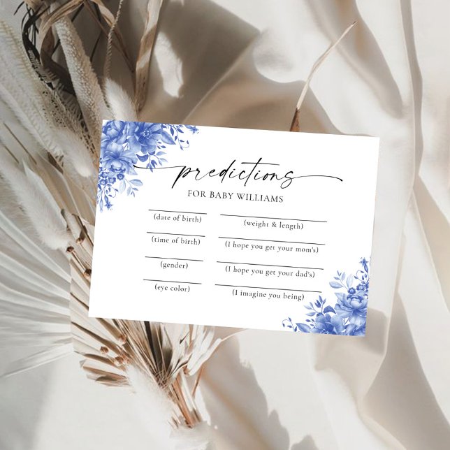 Blue Porcelain Floral Baby Shower Predictions Card (Creator Uploaded)