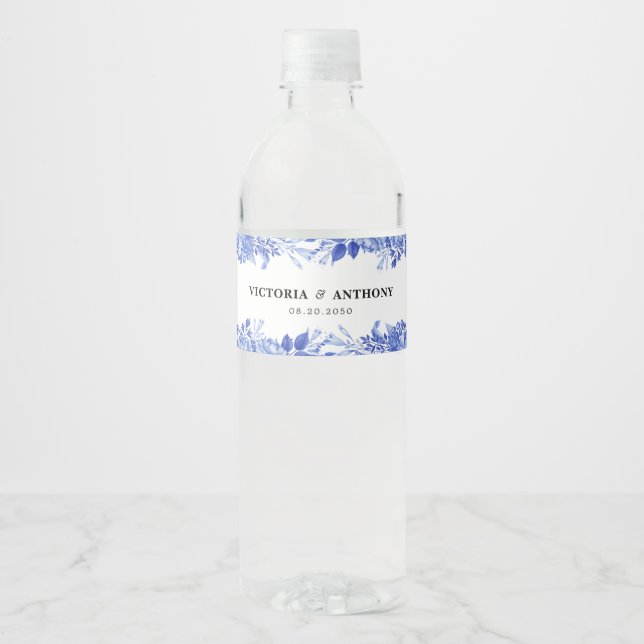 Blue Porcelain Wedding Water Bottle Labels (Front)