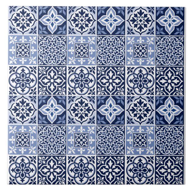 Blue Portuguese Azulejo Pattern Ceramic Tile (Front)