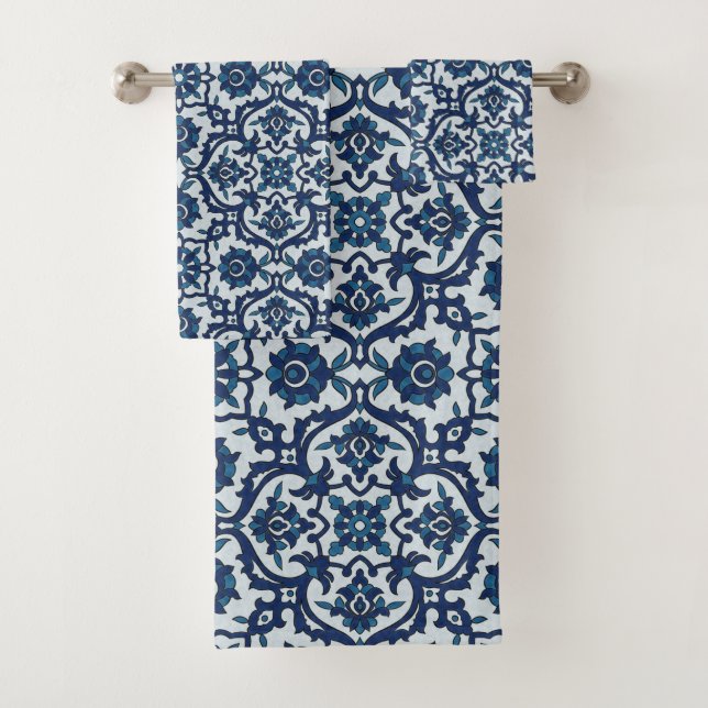 Blue Portuguese Azulejos Floral Tile Pattern Bath Towel Set (Insitu)