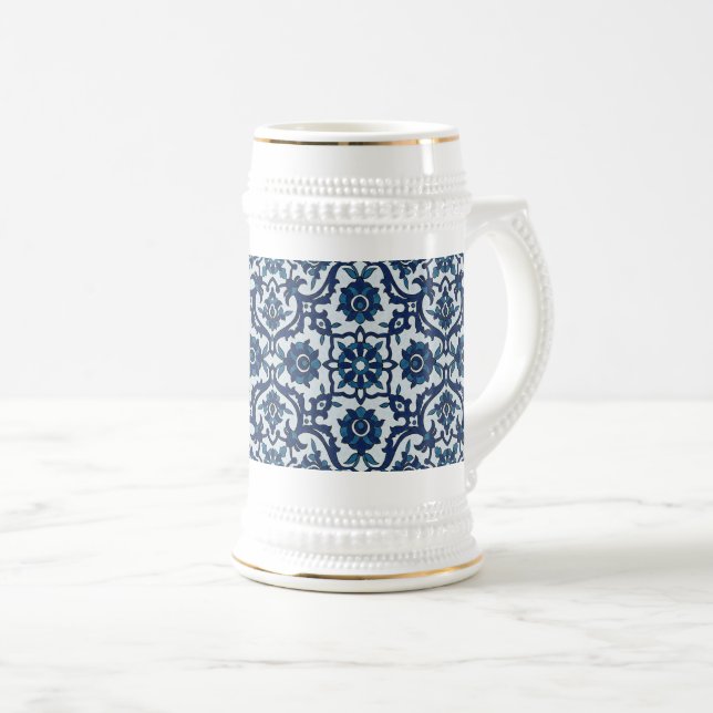 Blue Portuguese Azulejos Floral Tile Pattern Beer Stein (Front Right)