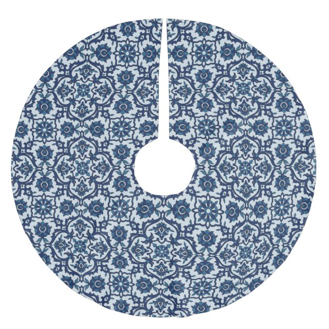 Blue Portuguese Azulejos Floral Tile Pattern Brushed Polyester Tree Skirt (Front)