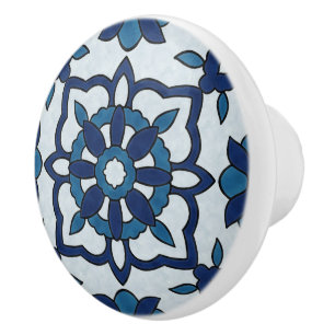 Blue Portuguese Azulejos Floral Tile Pattern  Ceramic Knob