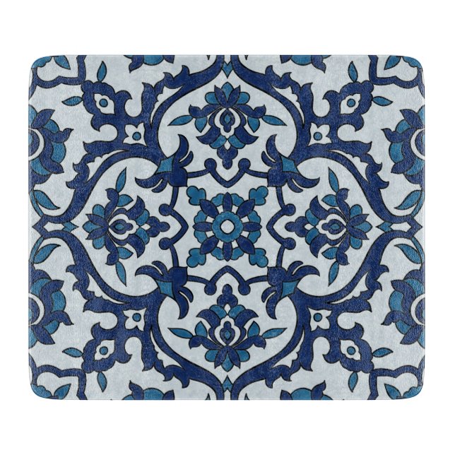 Blue Portuguese Azulejos Floral Tile Pattern Cutting Board (Front)