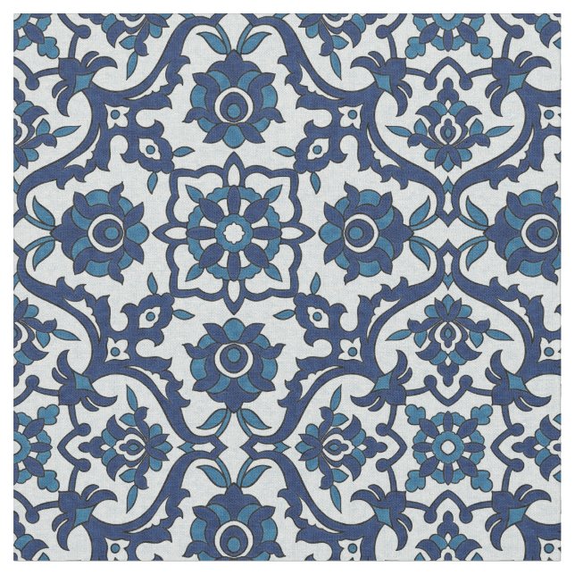 Blue Portuguese Azulejos Floral Tile Pattern Fabric (Close Up)