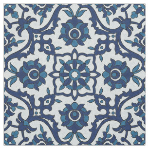 Blue Portuguese Azulejos Floral Tile Pattern Fabric