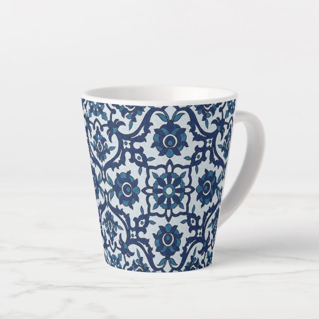 Blue Portuguese Azulejos Floral Tile Pattern Latte Mug (Right Angle)