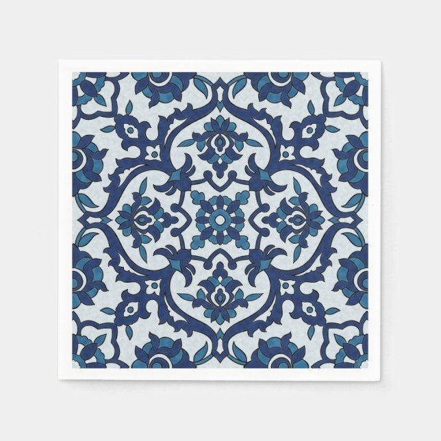 Blue Portuguese Azulejos Floral Tile Pattern Napkin (Front)