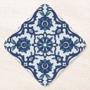 Blue Portuguese Azulejos Floral Tile Pattern Paper Coaster