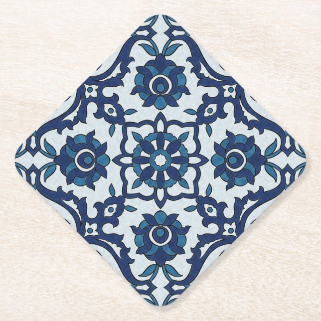 Blue Portuguese Azulejos Floral Tile Pattern Paper Coaster (Front)