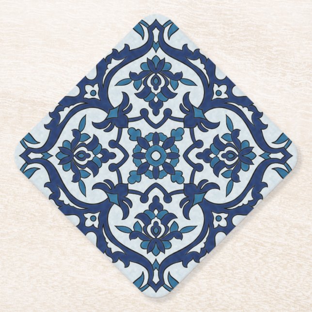 Blue Portuguese Azulejos Floral Tile Pattern Paper Coaster (Front)