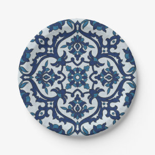 Blue Portuguese Azulejos Floral Tile Pattern Paper Plate
