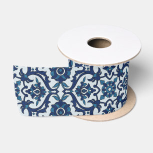 Blue Portuguese Azulejos Floral Tile Pattern Satin Ribbon