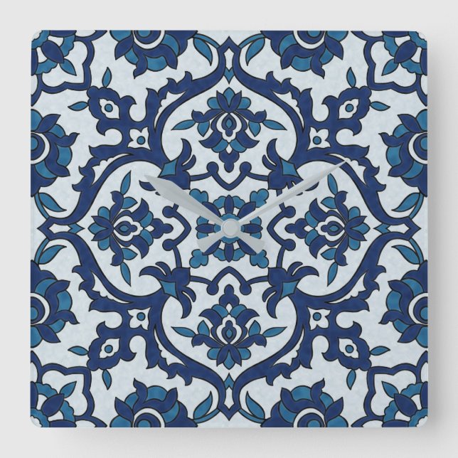 Blue Portuguese Azulejos Floral Tile Pattern Square Wall Clock (Front)